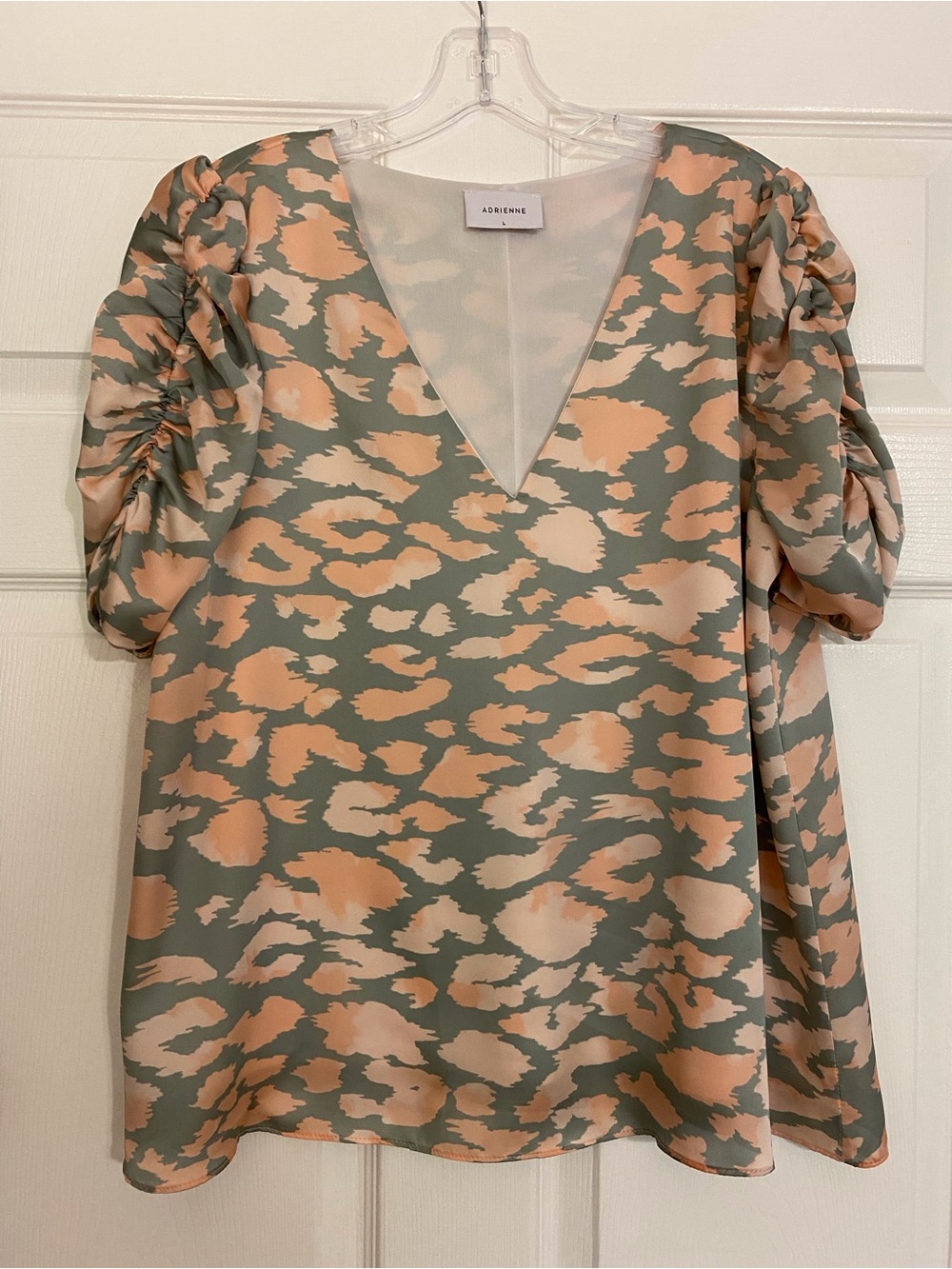 Adrienne V-Neck Puff Sleeve Top in Sage and Peach Animal Print